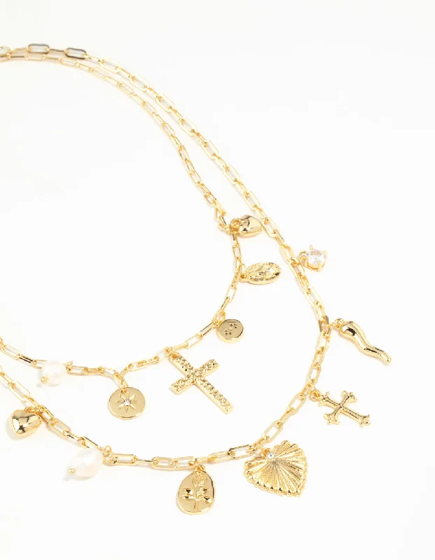 layered necklace for women-Gold Plated Freshwater Pearl, Cross & Heart Charm Necklace