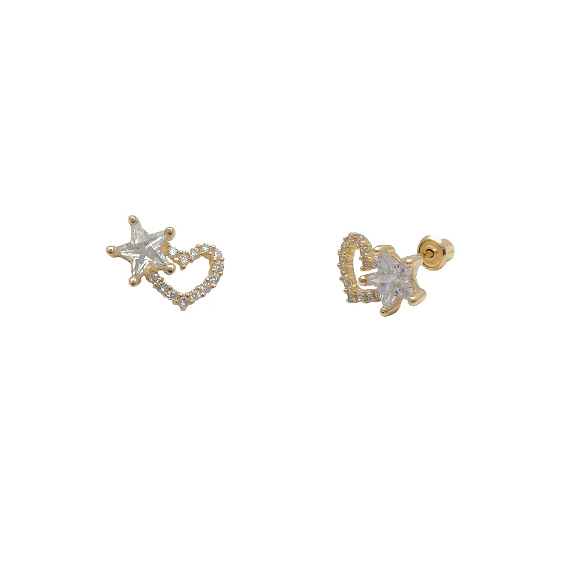 large hoop earrings for women-Zirconia Heart & Star Stud Earrings (14K)