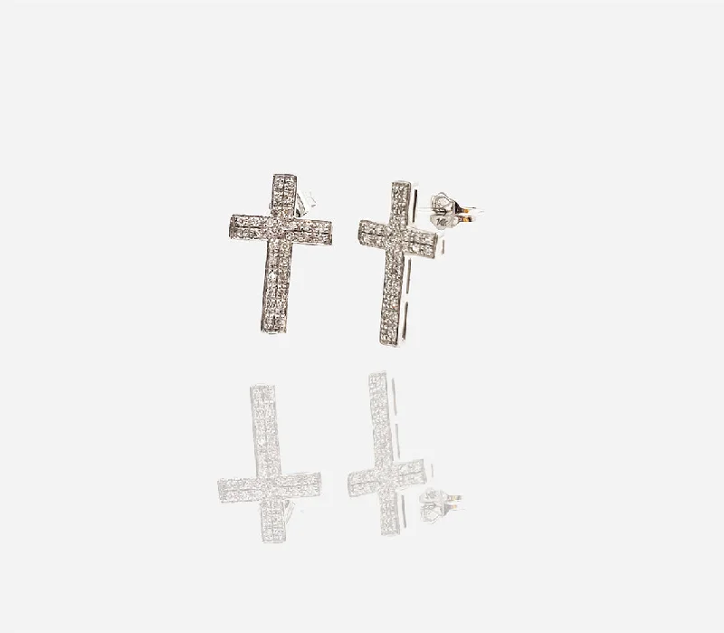 elegant stud earrings for women-White Gold Diamond Cross Stud Earrings (14K)