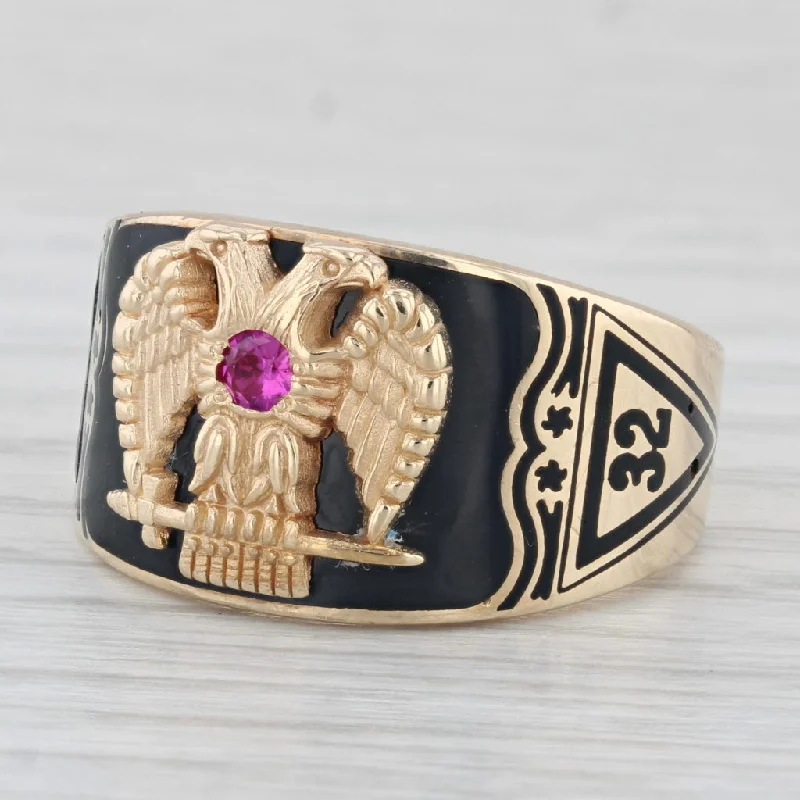 vintage-style platinum engagement rings for women-Vintage Scottish Rite Ring 10k Gold Masonic Eagle Lab Created Ruby Cigar Band