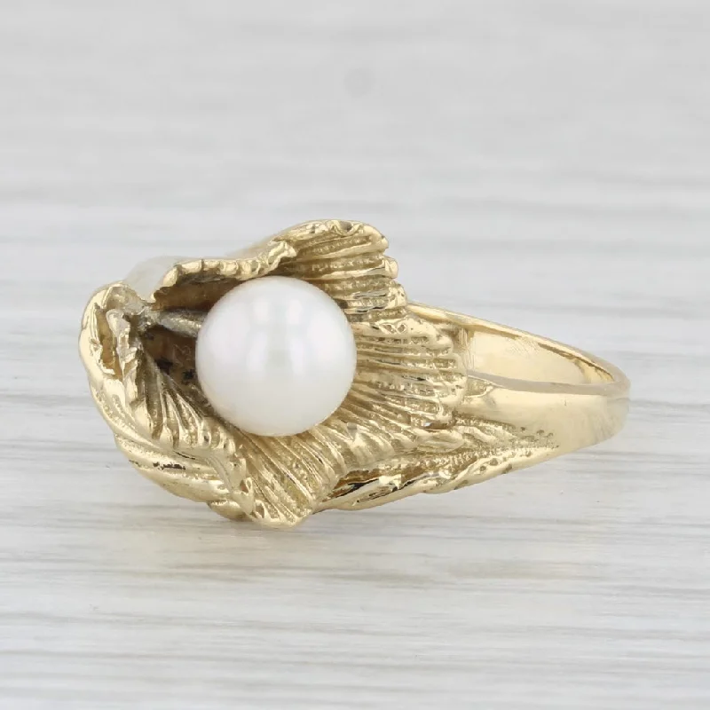 geometric engagement rings for women-Akoya Pearl Lily Flower Ring 18k Yellow Gold Size 5.75