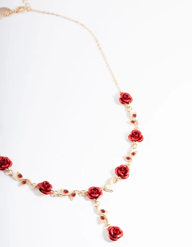 unique necklace for women-Red Diamante Rose Y-Necklace