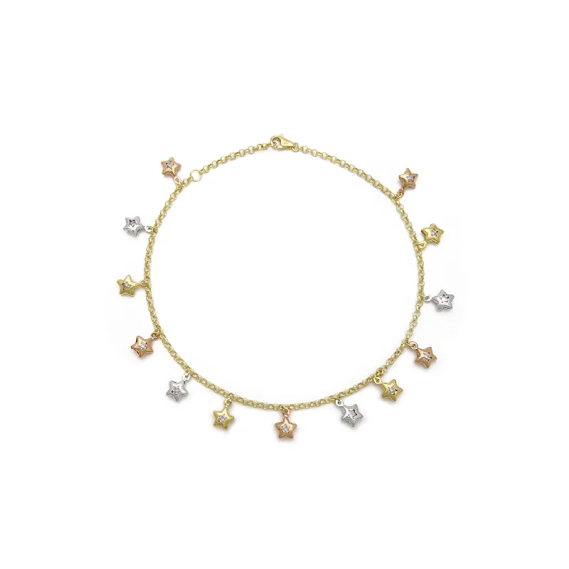 anklet for summer for women-Star Charm Tri-Color Anklet (14K)