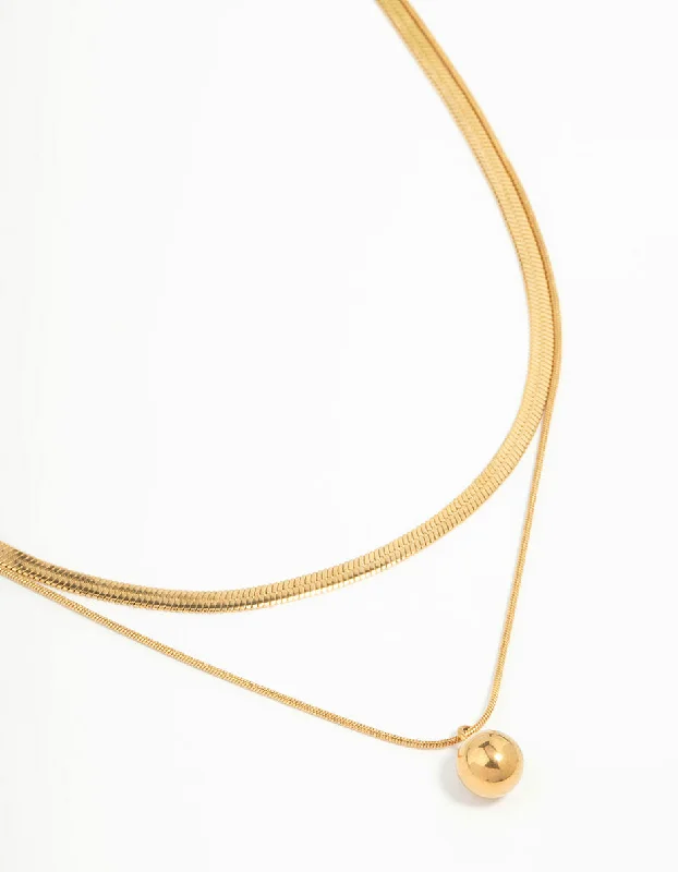 gold chain necklace for women-Waterproof Gold Plated Stainless Steel Layered Ball & Snake Chain Necklace