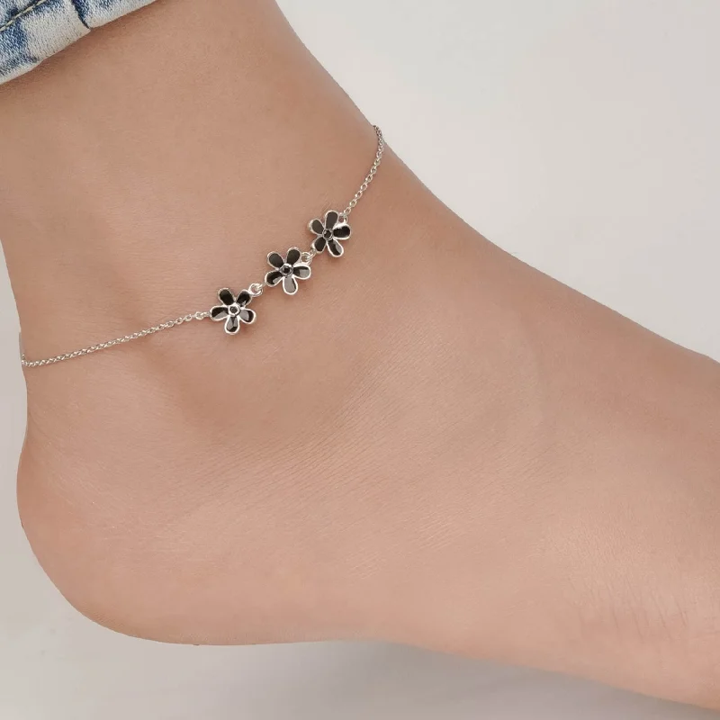 anklet for weddings for women-Silver Floral Black Enamel Anklet