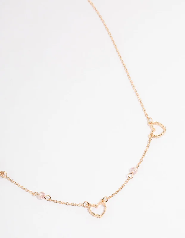 cubic zirconia necklace for women-Gold Open Heart & Beaded Station Necklace