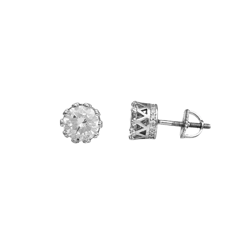 luxury diamond earrings for women-Zirconia Iced-Out King Crown Stud Earrings (Silver)