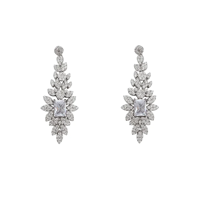 trendy earrings for women-Zirconia Cluster Emerald-cut & Round Drop Earrings (Silver)