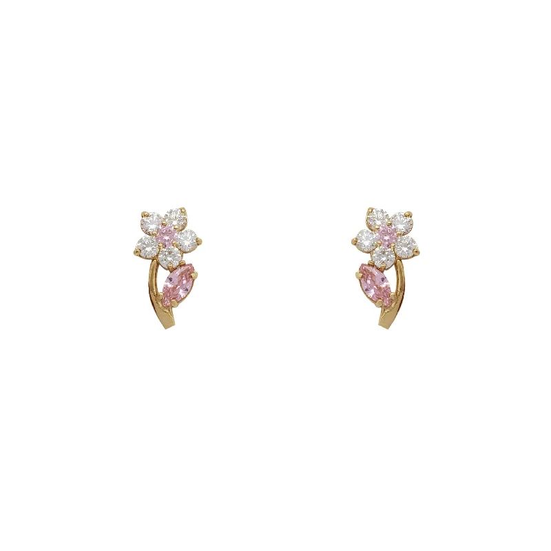 gemstone earrings for women-Pink Flower Stud Earrings (14K)