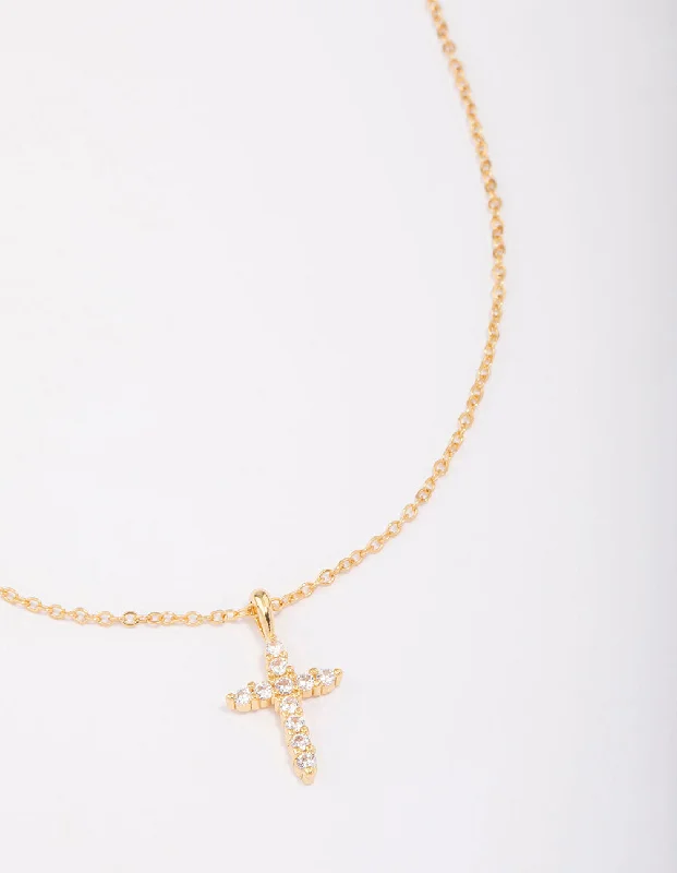 classic gold necklace for women-Gold Plated Crystal Cross Pendant Necklace