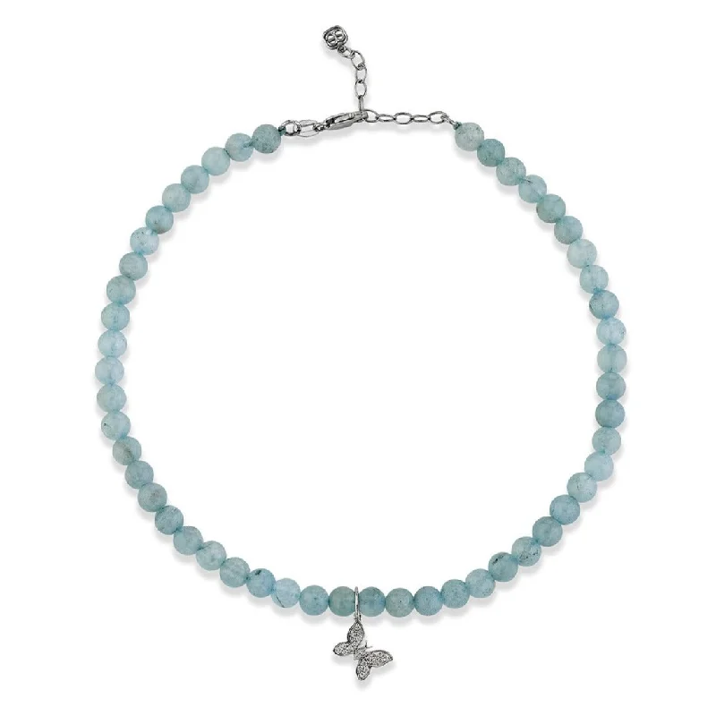 rose gold bracelet for women-White Gold & Diamond Tiny Butterfly on Aquamarine Anklet