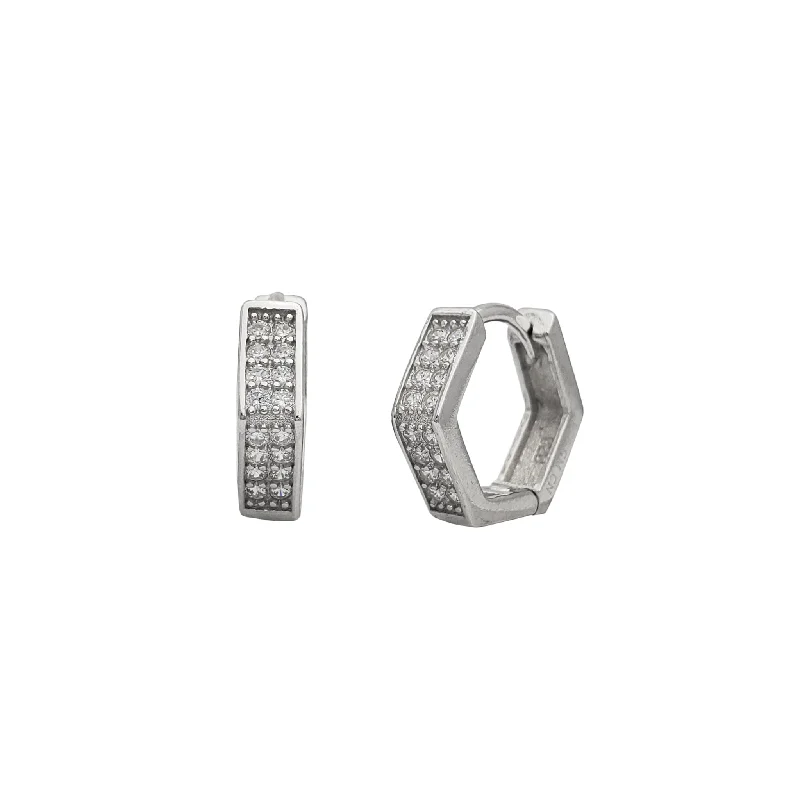 silver hoop earrings for women-Zirconia Hexagon Huggie Earrings (Silver)