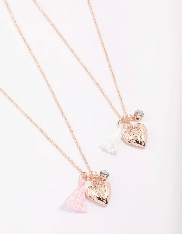 silver pendant necklace for women-Kids Rose Gold Tassel Heart Locket Pendant Necklace Pack