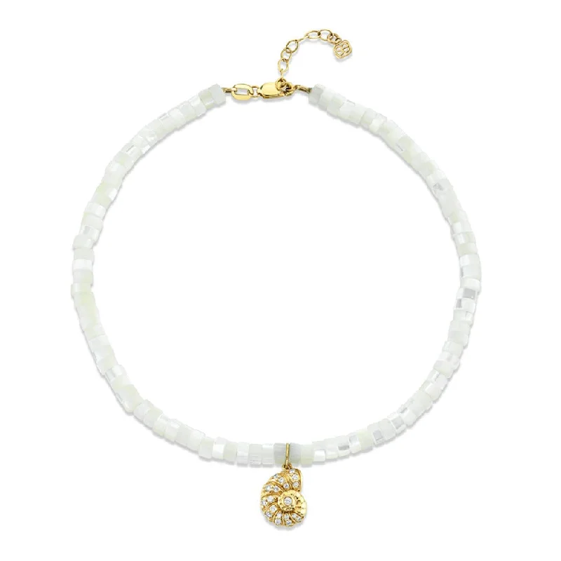 lucky bracelet for women-Gold & Diamond Small Nautilus Shell Anklet on Mother of Pearl Heishi