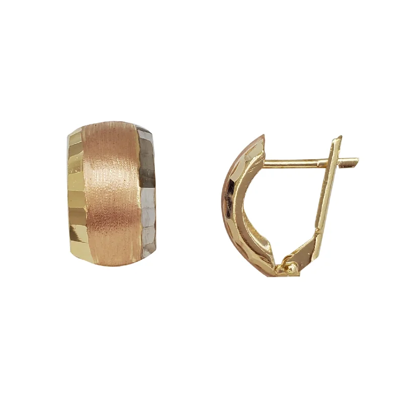 gold hoop earrings for women-Tricolor Diamond-cuts & Sandblast Earrings (14K)