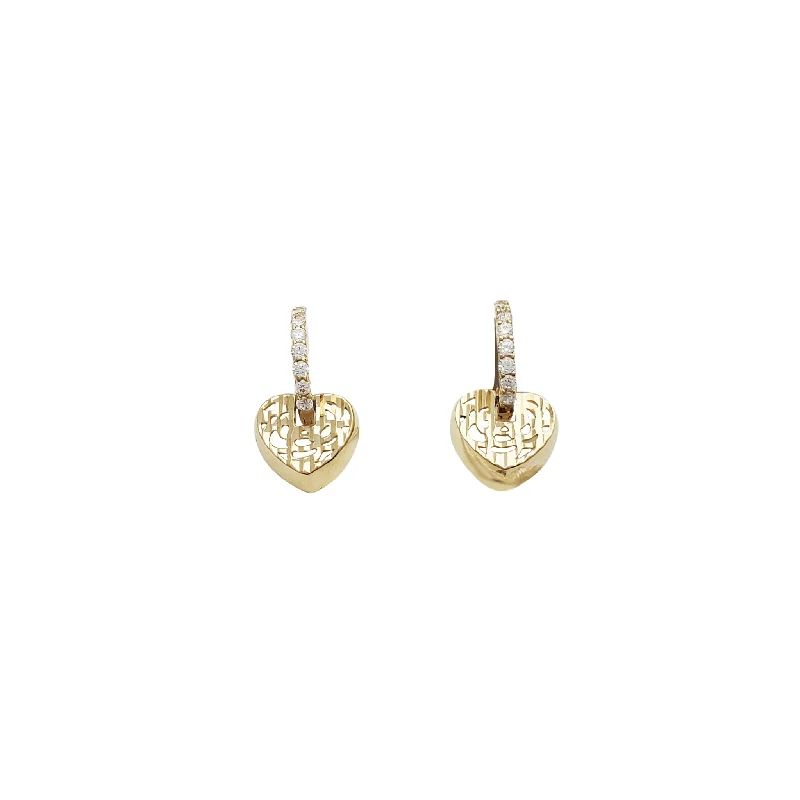 silver earrings for women-Dangling Heart CZ Huggie Earrings (14K)