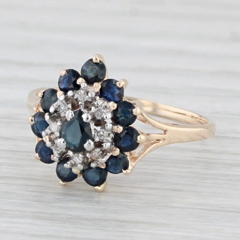 antique diamond engagement rings for women-1.10ctw Blue Sapphire Diamond Cluster Ring 10k Yellow Gold Size 8.25