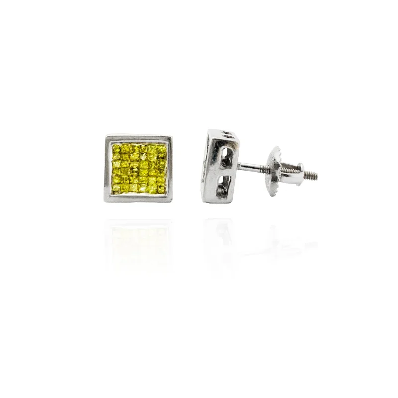 handmade earrings for women-Invisible-Set Canary Diamond Square Earrings (14K)