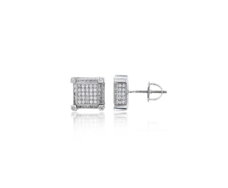 gold hoop earrings for women-Micropave Square Screw Back Stud Earrings (Silver)