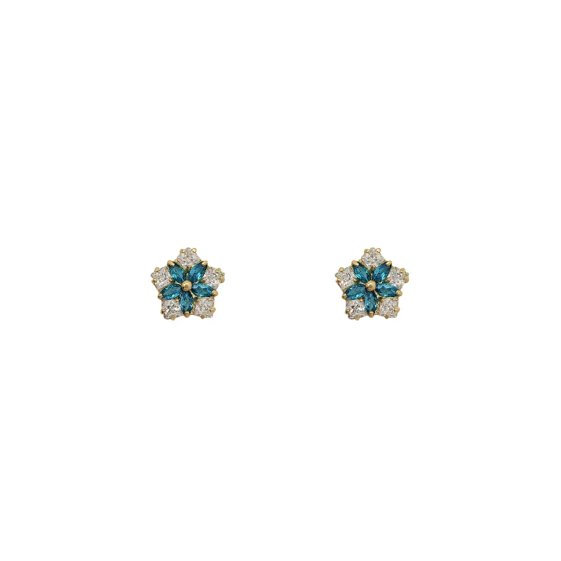 gold hoop earrings for women-Aquamarine Color Flower Stud Earrings (14K)