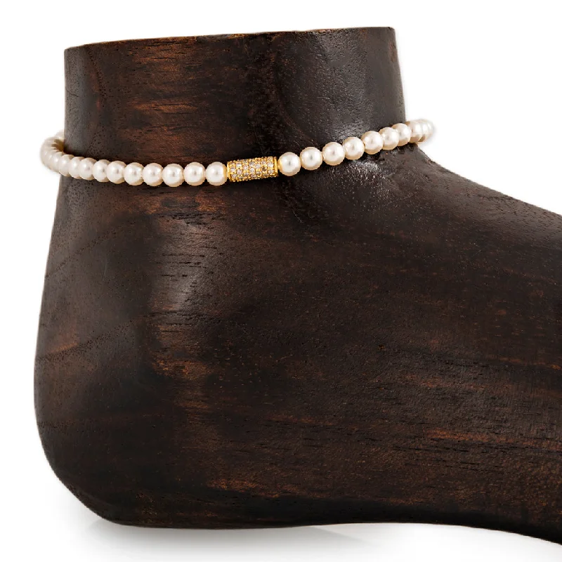 pearl bracelet for women-PAVE TUBE BEAD PEARL BEADED ANKLET