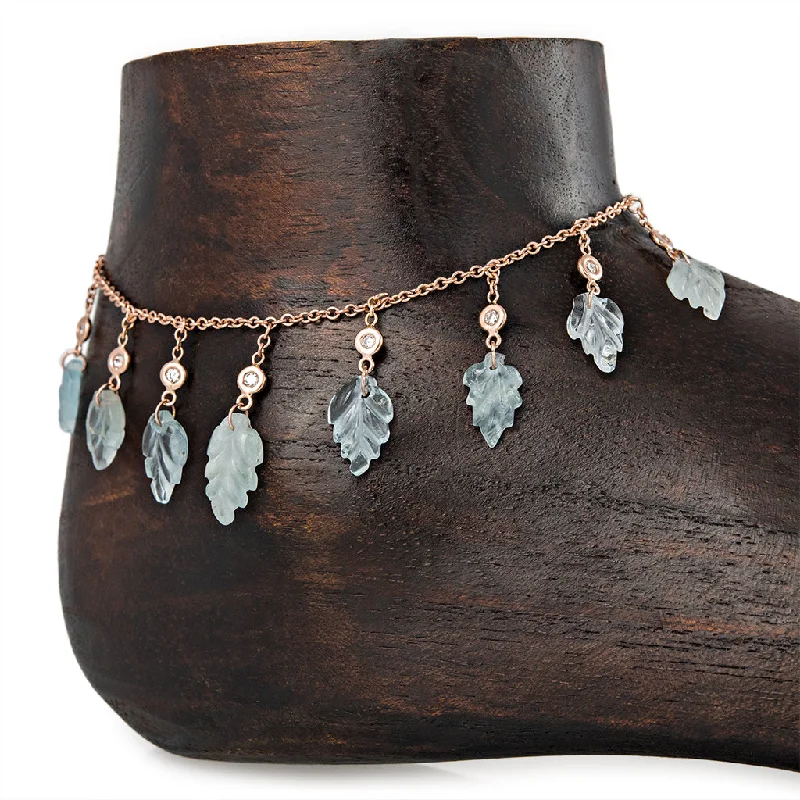 rose gold anklet for women-15 DIAMOND AQUAMARINE LEAF SHAKER ANKLET