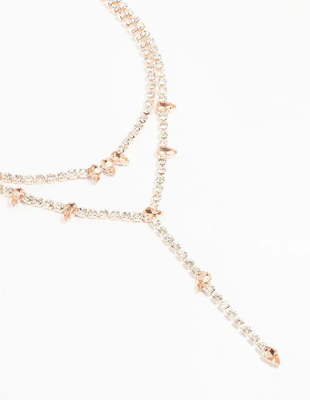 small pendant necklace for women-Rose Gold Diamante Cupchain Layered Y-Necklace