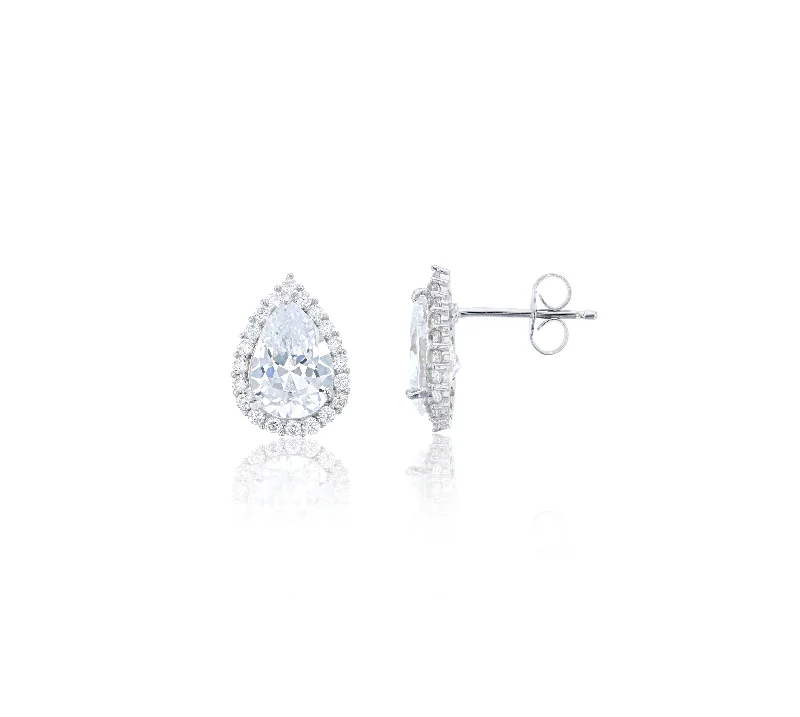 flower earrings for women-Pear Pave CZ Stud Earrings (Silver)