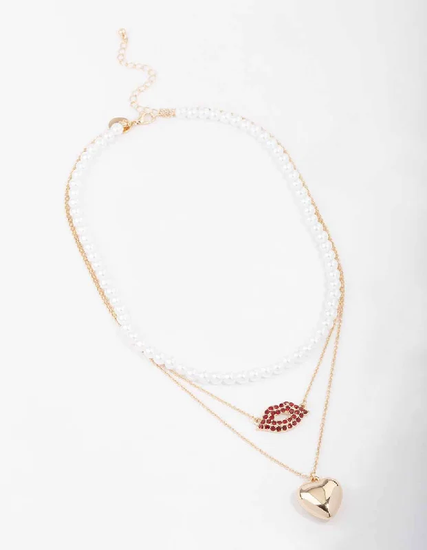 initial necklace for women-Gold Heart & Lips Glamorous Layered Necklace