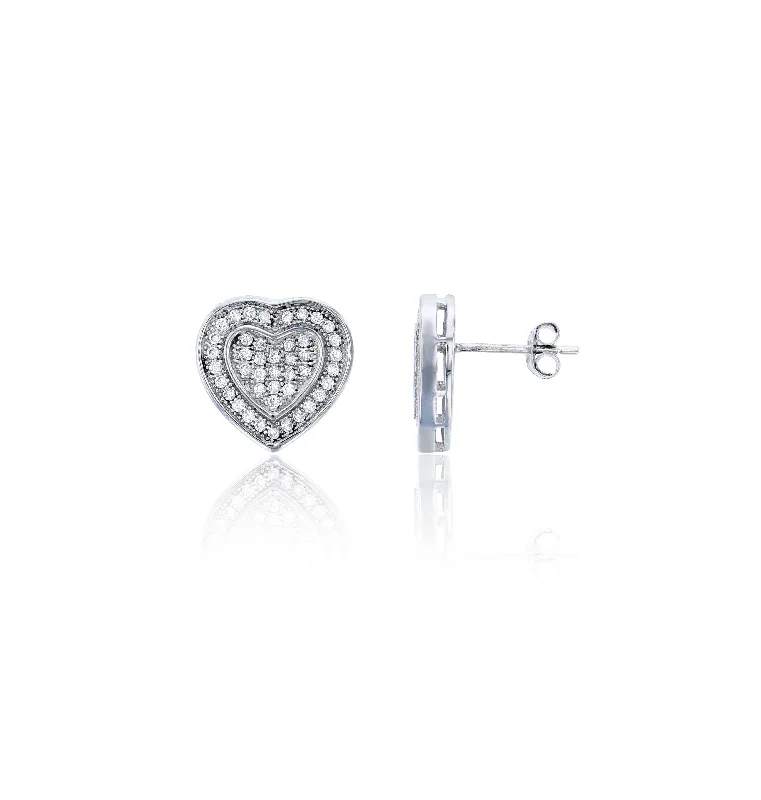 affordable earrings for women-Micropave Heart CZ Stud Earring (Silver)