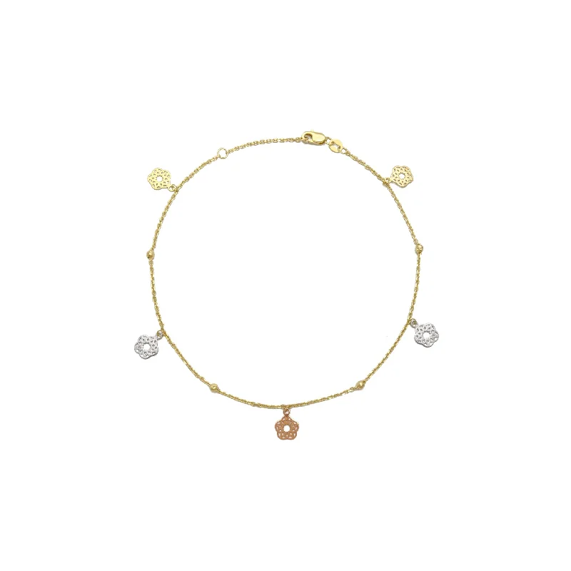 engraved anklet for women-Lotus Tri-Color Flower Cable Anklet (14K)