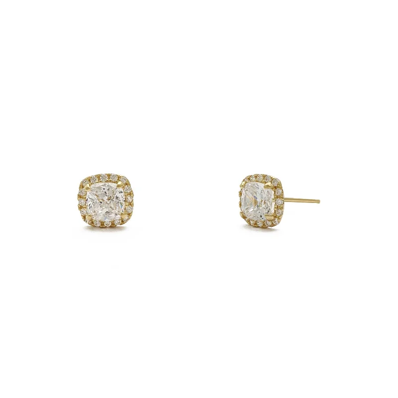 multi-layer earrings for women-[Push-Back] Radiant-Cut Cushion Halo Stud Earrings (14K)