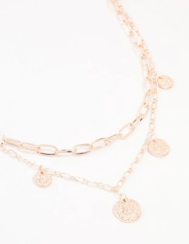 sterling silver necklace for women-Rose Gold Plated Molten Disc Drop Layered Necklace