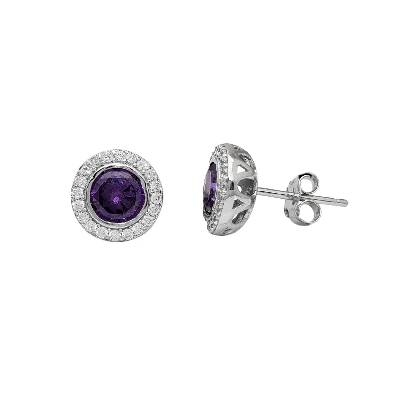 silver drop earrings for women-Purple Zirconia Halo Bezel Stud Earrings (Silver)