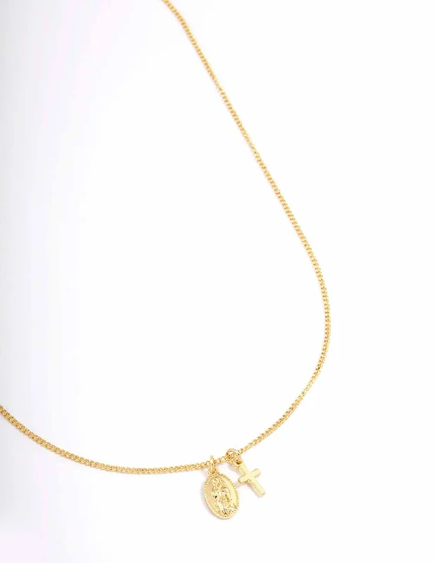 gold necklace for women-Gold Plated Mary Cross Charm Pendant Necklace