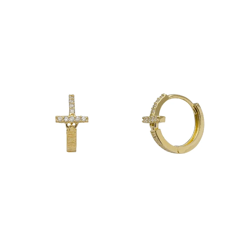 unique earrings for women-Zirconia Cross Roman's Number Huggie Earrings (14K)