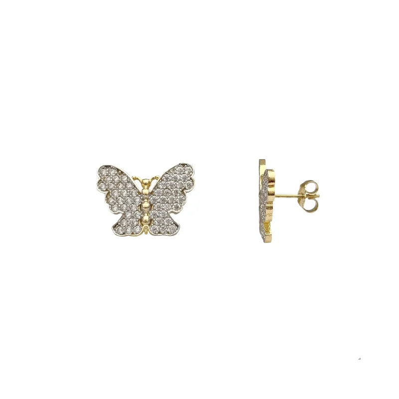 chic earrings for women-Two-Tone Pave Setting Butterfly Stud Earrings (14K)