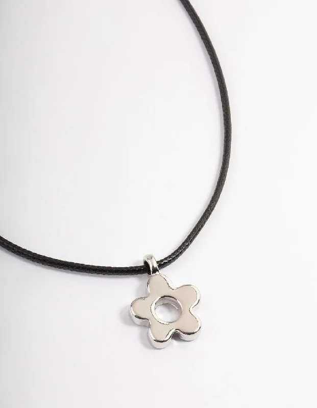 flower necklace for women-Silver Chunky Flower Cord Necklace