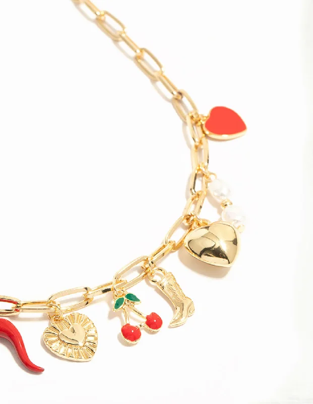 personalized necklace for women-Gold Plated Chili & Cherry Charm Necklace