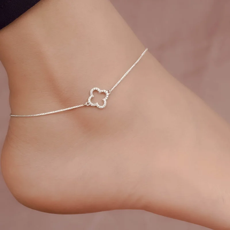 personalized bracelet for women-Silver Grace Clover Anklet