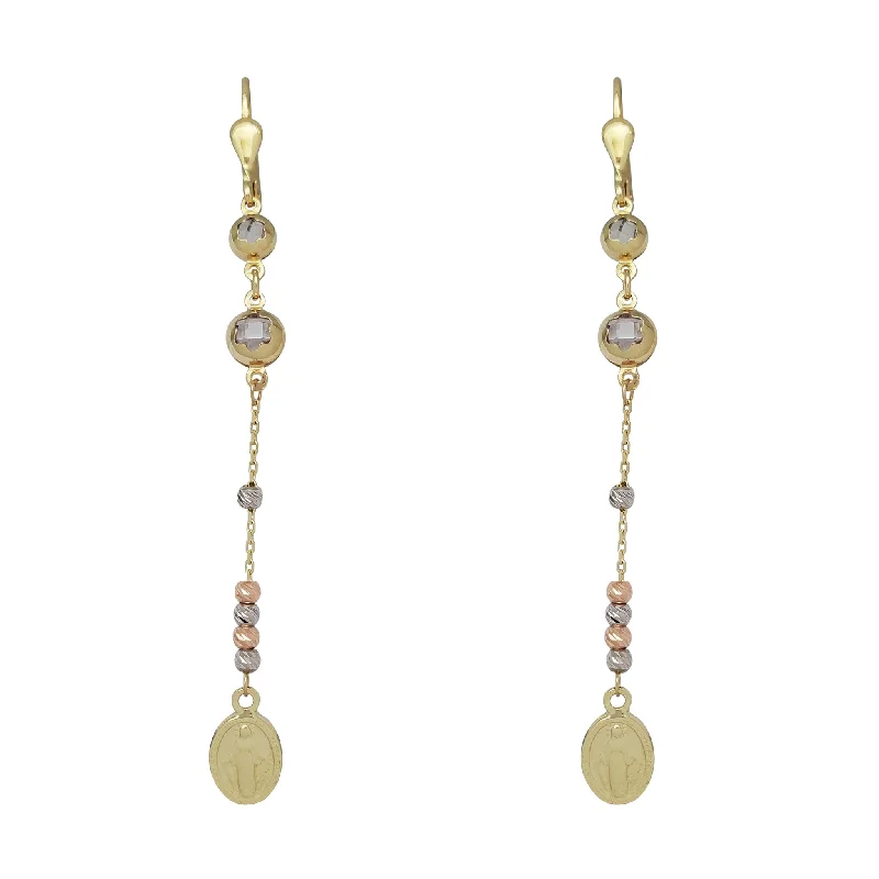 cute hoop earrings for women-Tricolor Beads & Virgin Mary Dangling Earrings (14K)