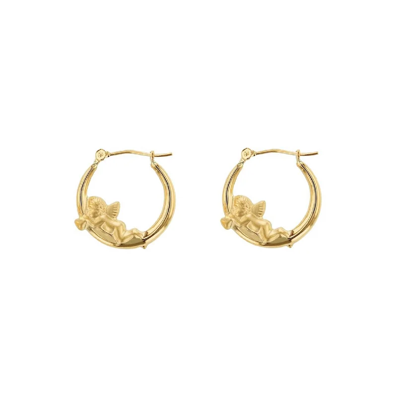 statement stud earrings for women-Cherub Baby Angel Hoop Earrings (14K)