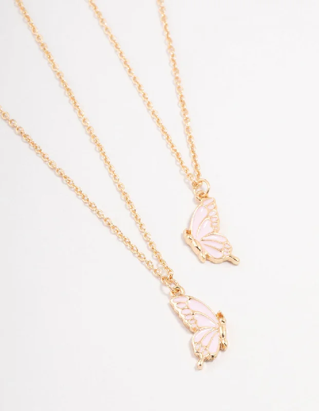 elegant necklace for women-Gold & Pink Butterfly Necklaces 2-Pack