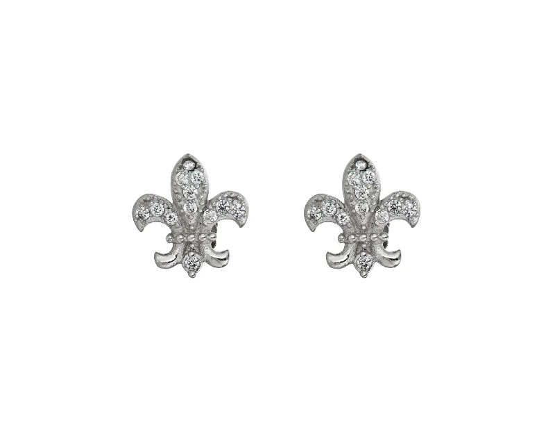 dangling gemstone earrings for women-Pave Fleur De Lis Stud Earrings (Silver)