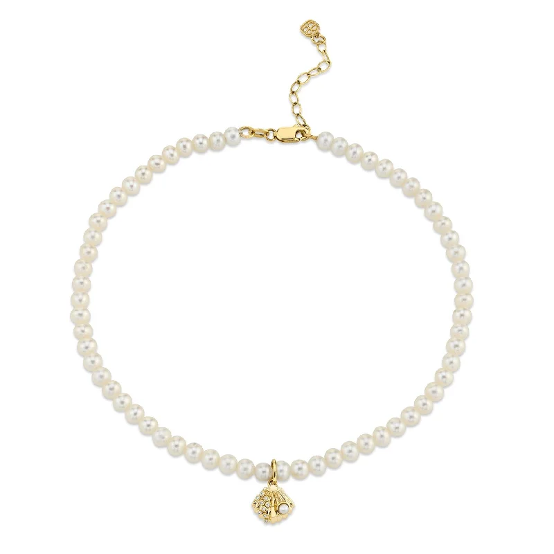 eternity bracelet for women-Gold & Diamond Clam Shell Anklet on Fresh Water Pearls