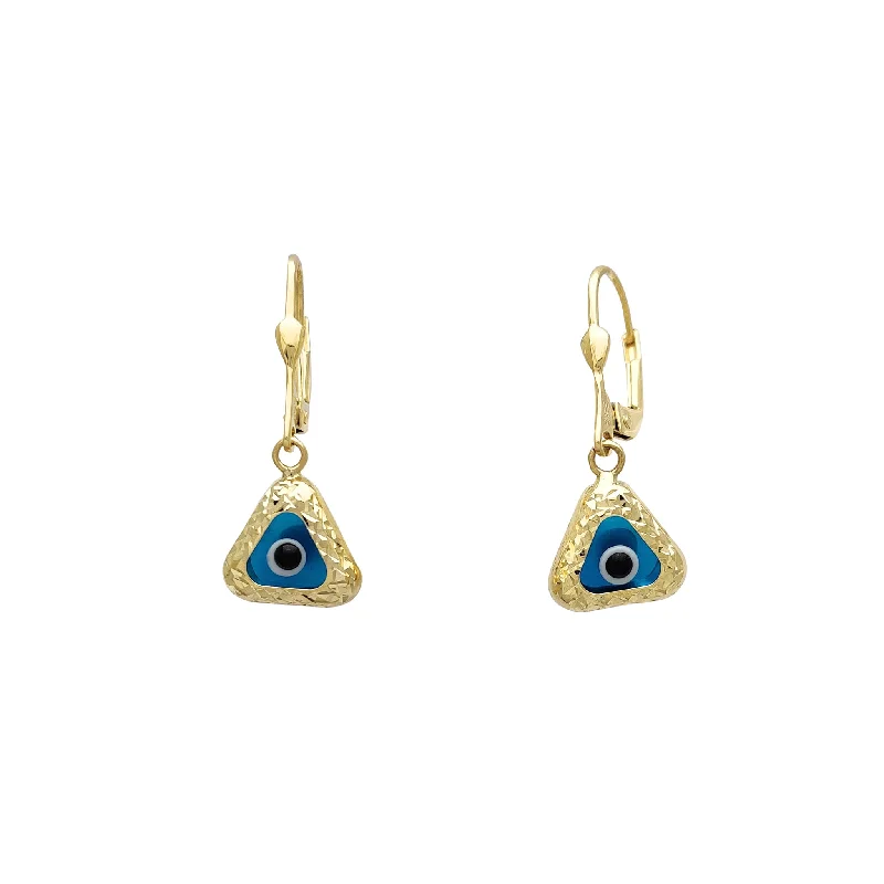 elegant earrings for women-Triangle Evil Eyes Drop Earrings (14K)