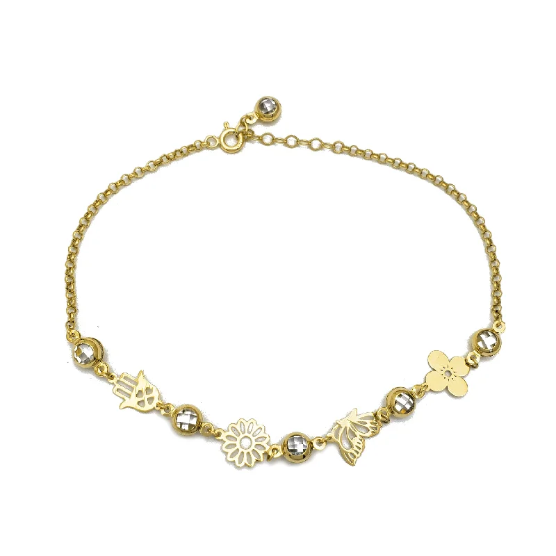 classic bracelet for women-Zirconia Charms Rolo Link Anklet (14K)