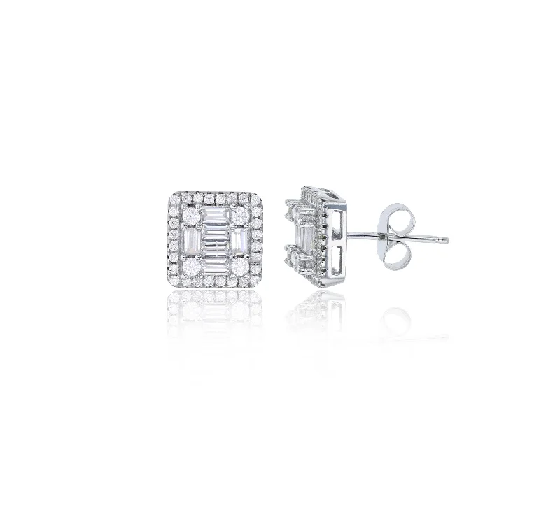 stud earrings for women-Pave Round & Baguette CZ Square Stud Earring (Silver)