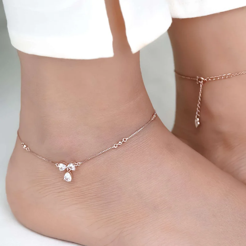 gold cuff bracelet for women-Rose Gold Heart Teardrop Bow Anklet