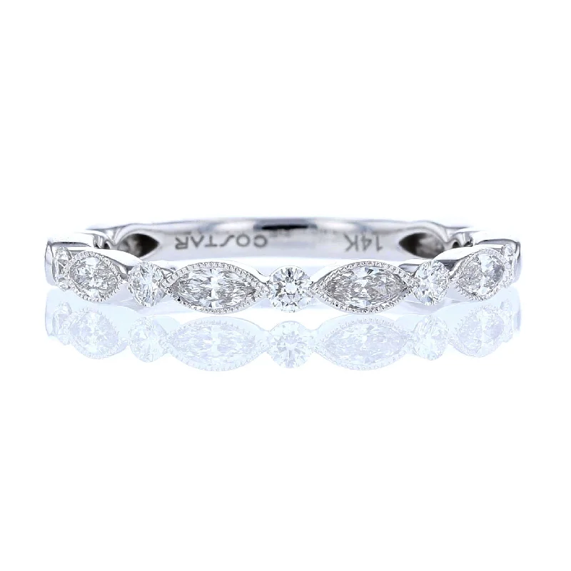 art deco engagement rings for women-Round & Marquise Milgrain Diamond Band